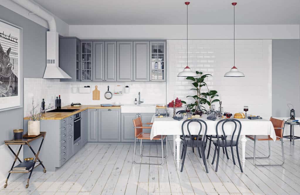 A modern kitchen with vintage kitchen design elements and timeless pieces.
